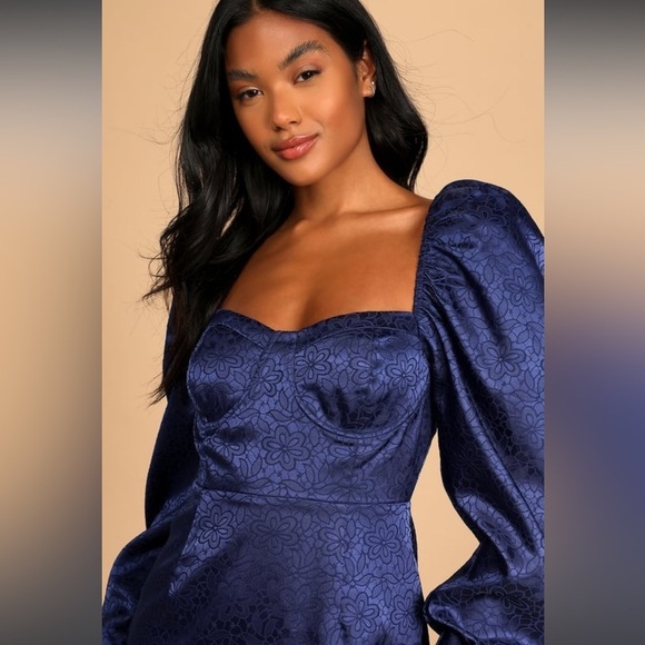 NWT LULU- Burst Into Bloom Navy Blue Satin Floral Jacquard Mini Dress size small - Picture 2 of 3